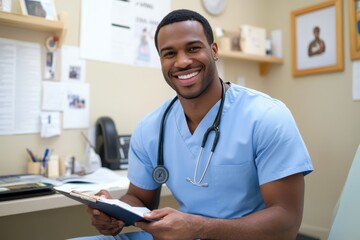 A male doctor in light blue scrubs, seated in a well-lit medical office