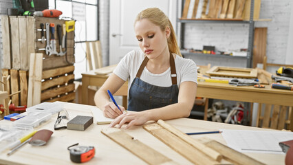 A focused young woman marks measurements on wood in a well-equipped carpentry workshop.