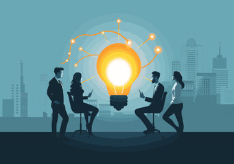 Business Team Brainstorming Idea Around Giant Light Bulb in Modern Office Setting at Dusk, Conceptual Vector Illustration for Innovation and Strategy Development in Minimalistic Style