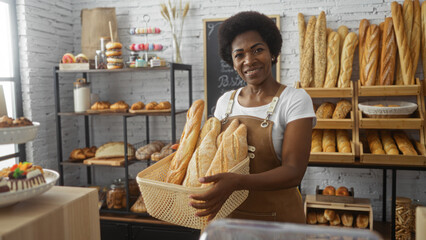 Woman with curly hair holding bread at bakery showcasing various pastries and baked goods on shelves