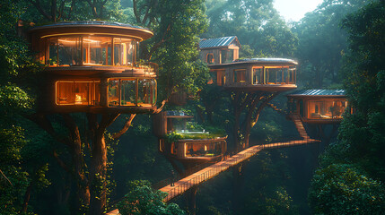 Obraz premium Treehouse Structures Rising Above the Forest Canopy