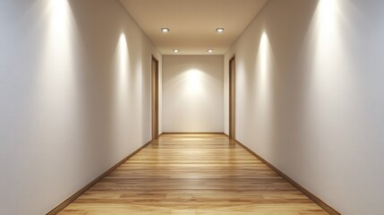 Fototapeta premium Modern hallway with motion-sensor LED sconces illuminating wooden flooring and neutral walls in a contemporary interior space
