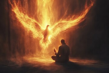 A man kneeling in deep prayer with a flaming dove of light descending upon him from above
