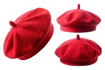 Red Beret Hat Isolated on White Background, Fashion Accessory Headwear Render from Different Angles