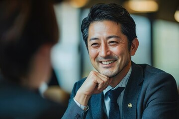 Obraz premium A handsome Japanese businessman in his late thirties, wearing business attire, is sitting at the table with an employee. He is looking to one side and smiling while listening attentively during their 