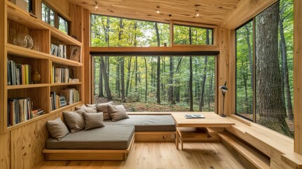 Cozy tiny home interior with modular furniture and spacious kitchen under natural light and wooden finishes