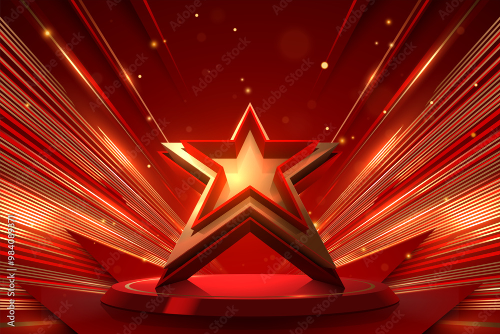 Wall mural red and gold star shape with light effects