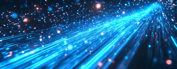 Obraz premium Digital Blue Light Fibers Accelerating. Dynamic blue optical fibers emitting light, representing high-speed data transfer and connectivity. 
