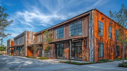 Fototapeta premium An urban renewal project featuring old warehouses converted into artist lofts, with exteriors of rustic, repurposed fiber cement siding to preserve the industrial aesthetic