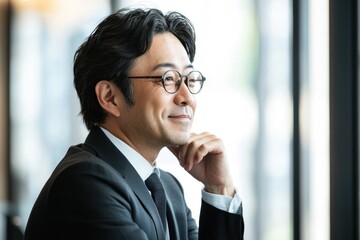 Fototapeta premium A handsome Japanese businessman in his late thirties, wearing business attire, is sitting at the table with an employee. He is looking to one side and smiling while listening attentively during their 