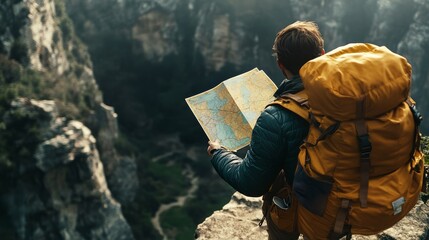 A hiker studies a map while standing on a cliff, surrounded by stunning canyon landscapes, ready for an adventure in nature.