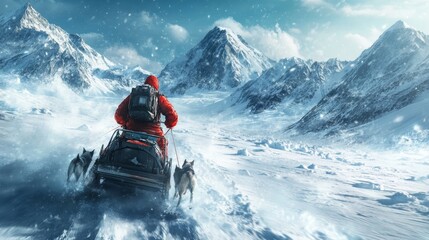 A snowmobiler in a red jacket navigates through a snowy mountain landscape, showcasing a stunning winter scenery with peaks and drifting snow.