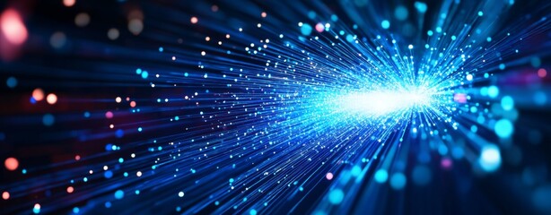Digital Blue Light Fibers Accelerating. Dynamic blue optical fibers emitting light, representing high-speed data transfer and connectivity.
