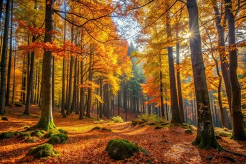 Autumn forest landscape with rare leaves in evergreen Spanish forests silhouette