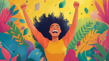 A visual of a person celebrating a personal milestone with a big smile and uplifting surroundings.