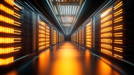 A long hallway with many computer servers lit up in orange