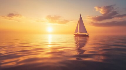 A serene sunset with a sailboat gliding across calm waters, reflecting warm golden hues and creating a tranquil atmosphere.
