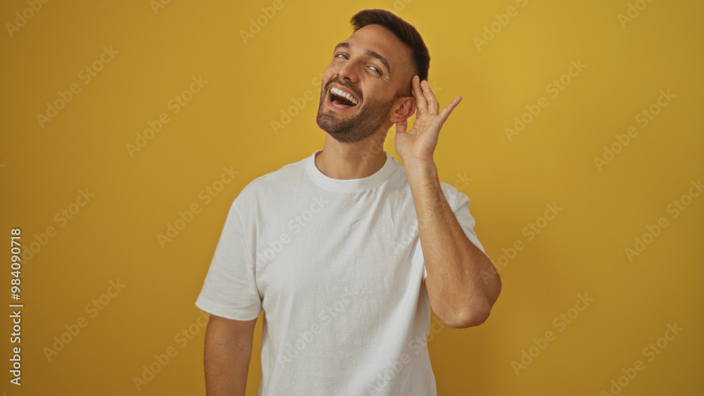 Poster Young man with a beard making a listening gesture with his hand to his ear over a yellow background