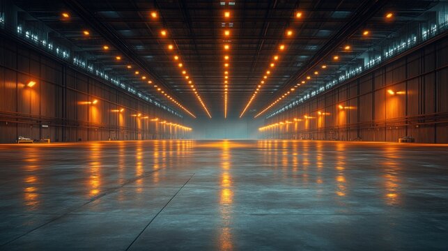 A large empty warehouse with yellow lights