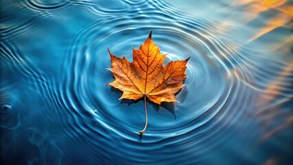 Autumn leaf drifting on water with ripples aerial view