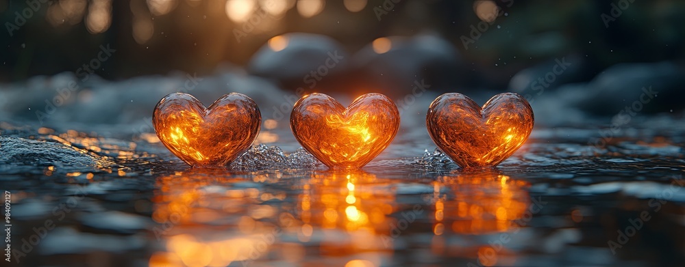 Wall mural Glowing Hearts Reflecting in Water at Sunset