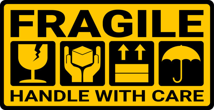 sticker fragile handle with care, black and yellow fragile warning label, fragile label with broken glass symbol, vector asset