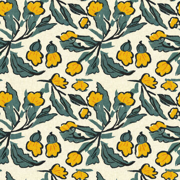 Modern printed fabric wildflower blockprint pattern with linen fabric textures. Stylized hand drawn boho dark florals for decorative design elements in repeatable background tile.