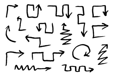 Hand drawn various curved lines and arrow curls. Drawing with a marker, different arrows in pencil. Set of vector icons. Outline direction signs.