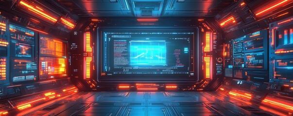 Obraz premium A digital screen mockup for a media platform offering, futuristic design, neon accents, bold fonts, isolated on white background