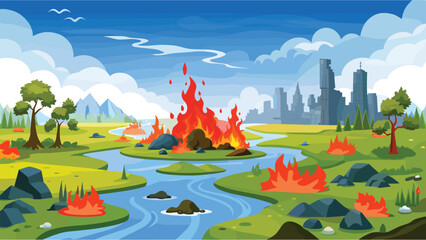 Forest fire near river with city skyline and green landscape