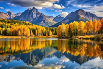 Autumn scenery with mountains reflecting in lake surrounded by colorful trees