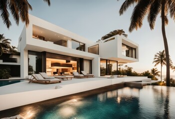 Fototapeta premium Exterior of amazing modern minimalist cubic villa with large swimming pool among palm trees and beautiful backround 300dpi