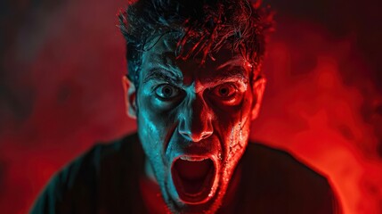 Fototapeta premium A dramatic portrait of a man expressing intense emotion in a dark, moody setting with vivid lighting effects.