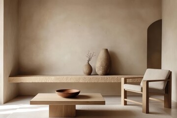 A minimalist living room with a simple wooden armchair and a matching low console table