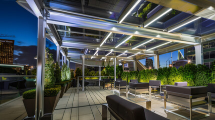 Fototapeta premium Modern design of a canopy with built-in linear lighting and a minimalist wooden terrace with tables and chairs. Design and interior concept.