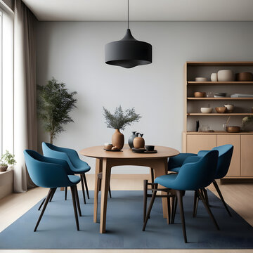 Japandi, minimalist interior design of modern living room. Dining room, blue dining table and stylish beautiful chairs 300dpi