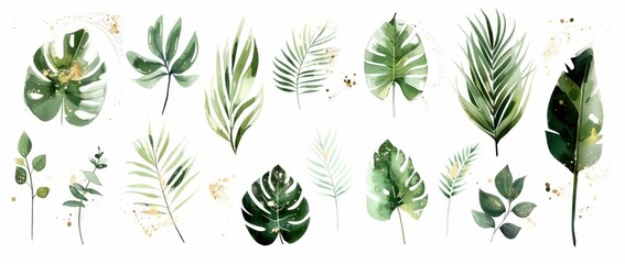 Collection of hand painted green leaves on a white background showcasing various tropical plant species