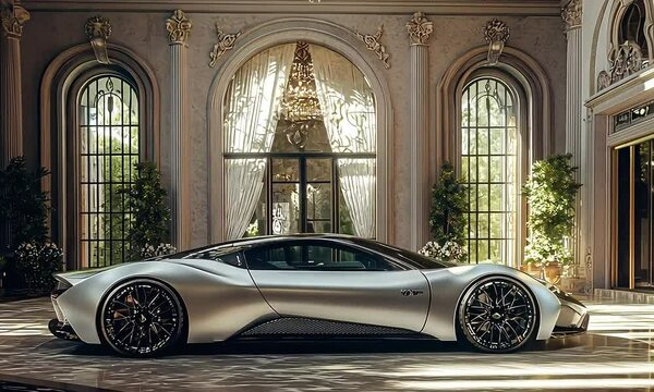 Luxury supercar displayed in ornate palace interior with ai generated.
