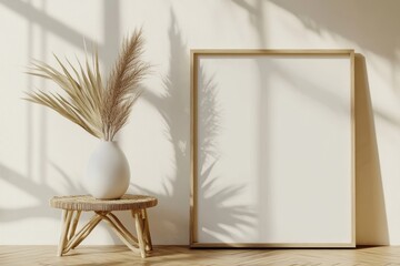 A minimalist room featuring a blank wooden-framed canvas leaning against a wall