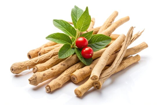 Ayurvedic ashwagandha root on white background