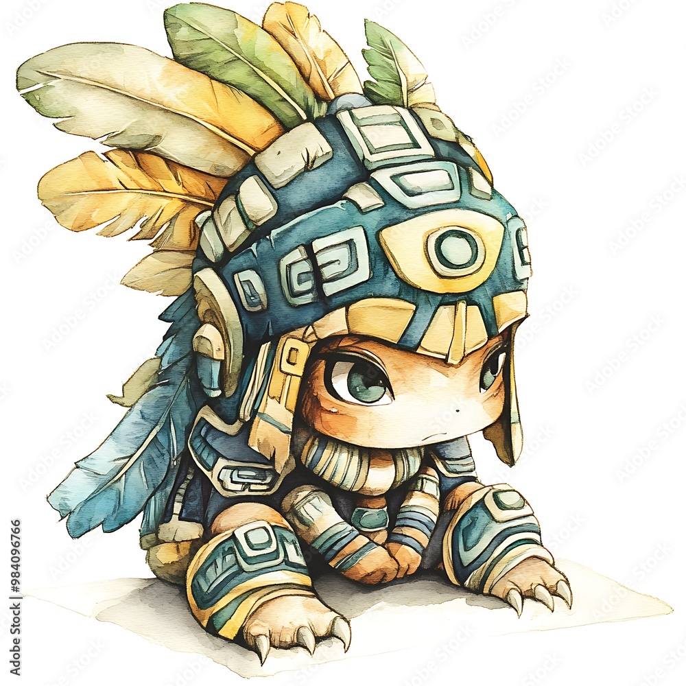 Poster Watercolor Illustration of a Cute, Sitting, Feathered, Animal Wearing Aztec Headwear.