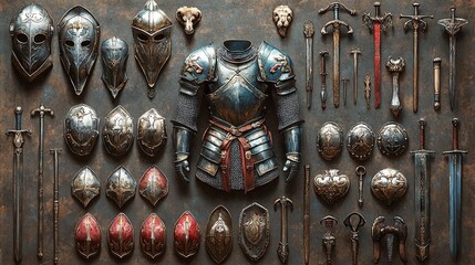 Medieval Armor and Weapons Displayed on Dark Background