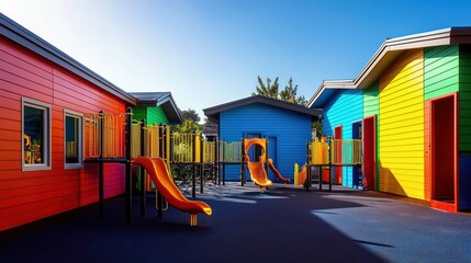 A childrena??s playground designed with colorful, durable fiber cement siding that is safe to touch and resistant to wear and tear from constant use