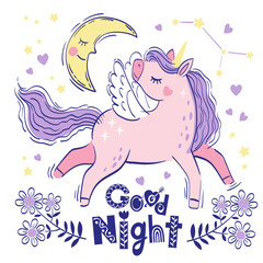 Cute little magical unicorn and short phrase good night. Vector hand drawing illustration isolated on white background