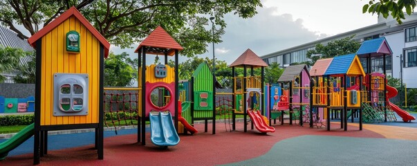 A childrena??s playground with structures all made from colorful, non-toxic fiber cement siding, ensuring a safe and durable environment for play