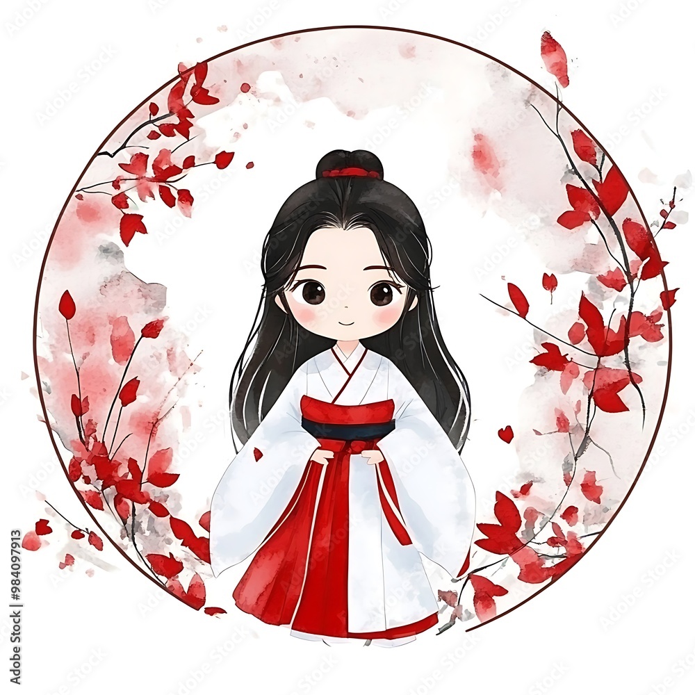 Canvas Prints Adorable Cartoon Girl in Traditional Japanese Kimono with Red Floral Background.