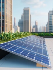 Fototapeta premium Urban rooftop solar panel installation with cityscape background. Promoting renewable energy solutions in urban environments.