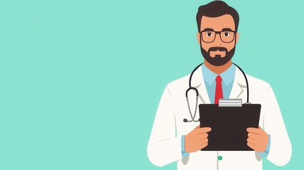 Fototapeta premium A digital illustration of a male doctor wearing a white coat and stethoscope, holding a clipboard against a turquoise background.