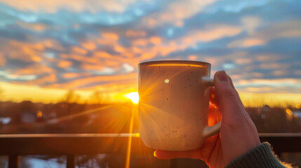 Close-up of a human hand with a cup of hot coffee or tea against the backdrop of a sunrise outdoors.