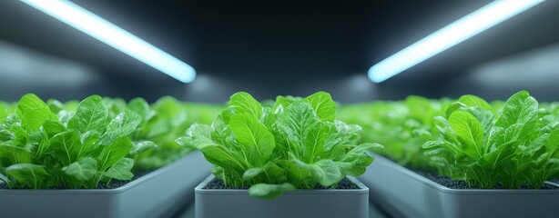 Fresh green lettuce plants growing in an indoor hydroponic farm with LED lights. High-tech agricultural innovation and sustainable farming.